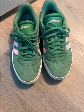 adidas Green Suede Sneakers with Pink Stripes
